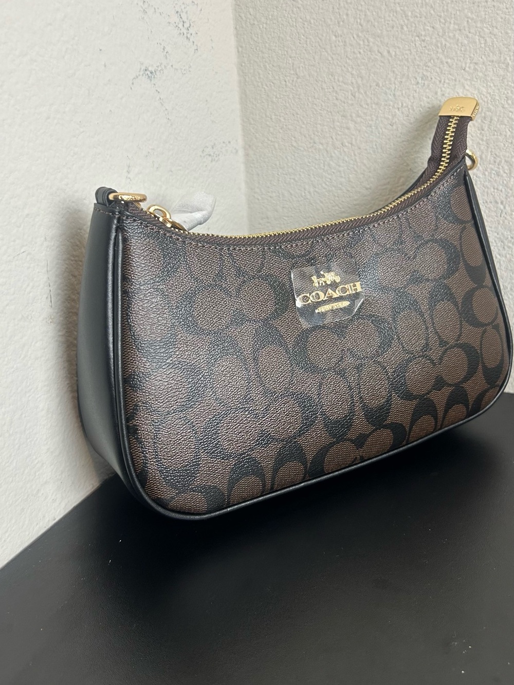 Coach Signature Brown Canvas Shoulder Bag with Black Trim